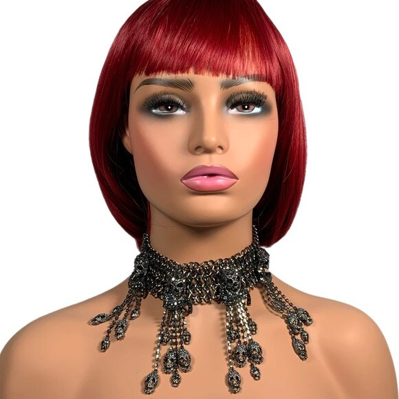 Natasha Couture Jewelry - Natasha Gunmetal Pave Bib Statement Necklace Skulls Chainmail Choker Goth